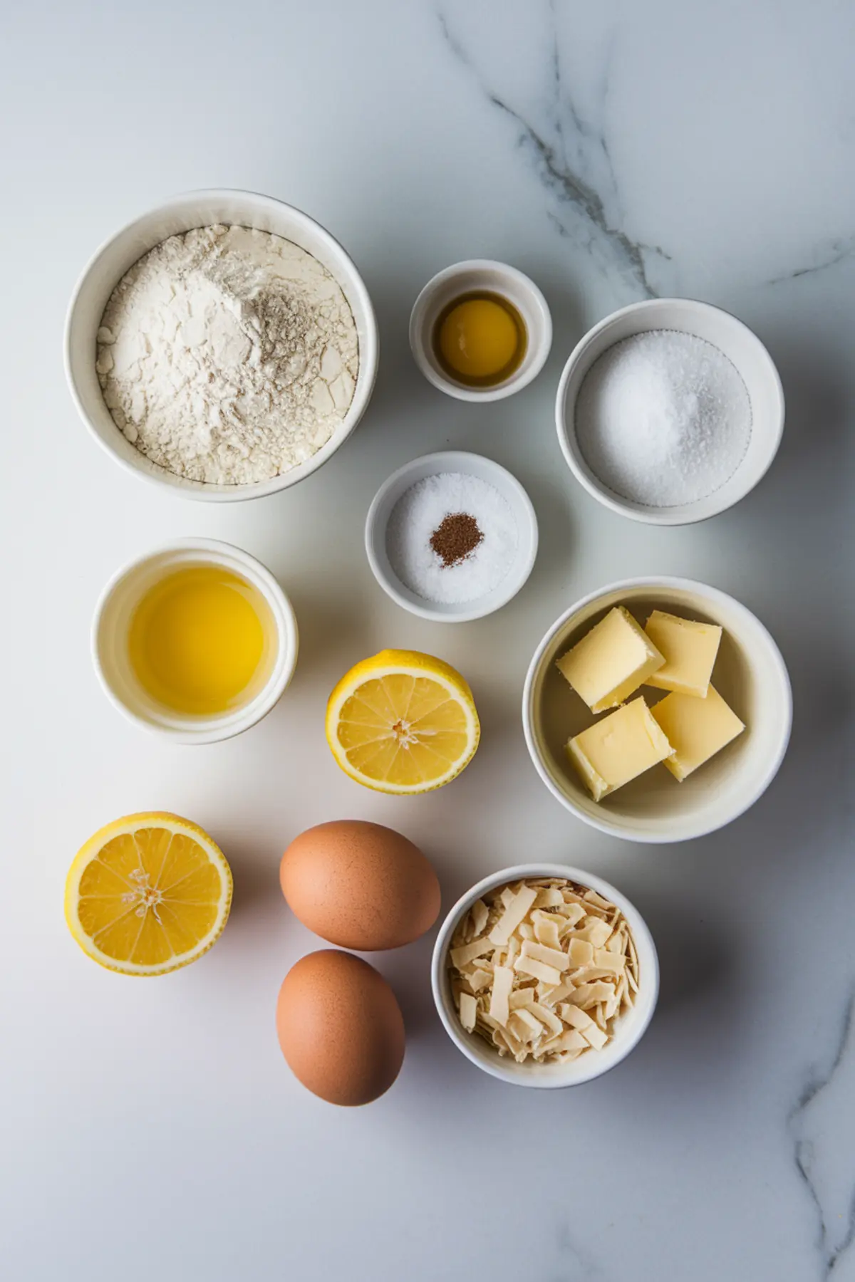 Flat lay of baking ingredients on a white marble background, including flour, butter, sugar, eggs, lemon halves, lemon juice, vanilla, salt, nutmeg, and shredded coconut, used for making lemon coconut tassies.