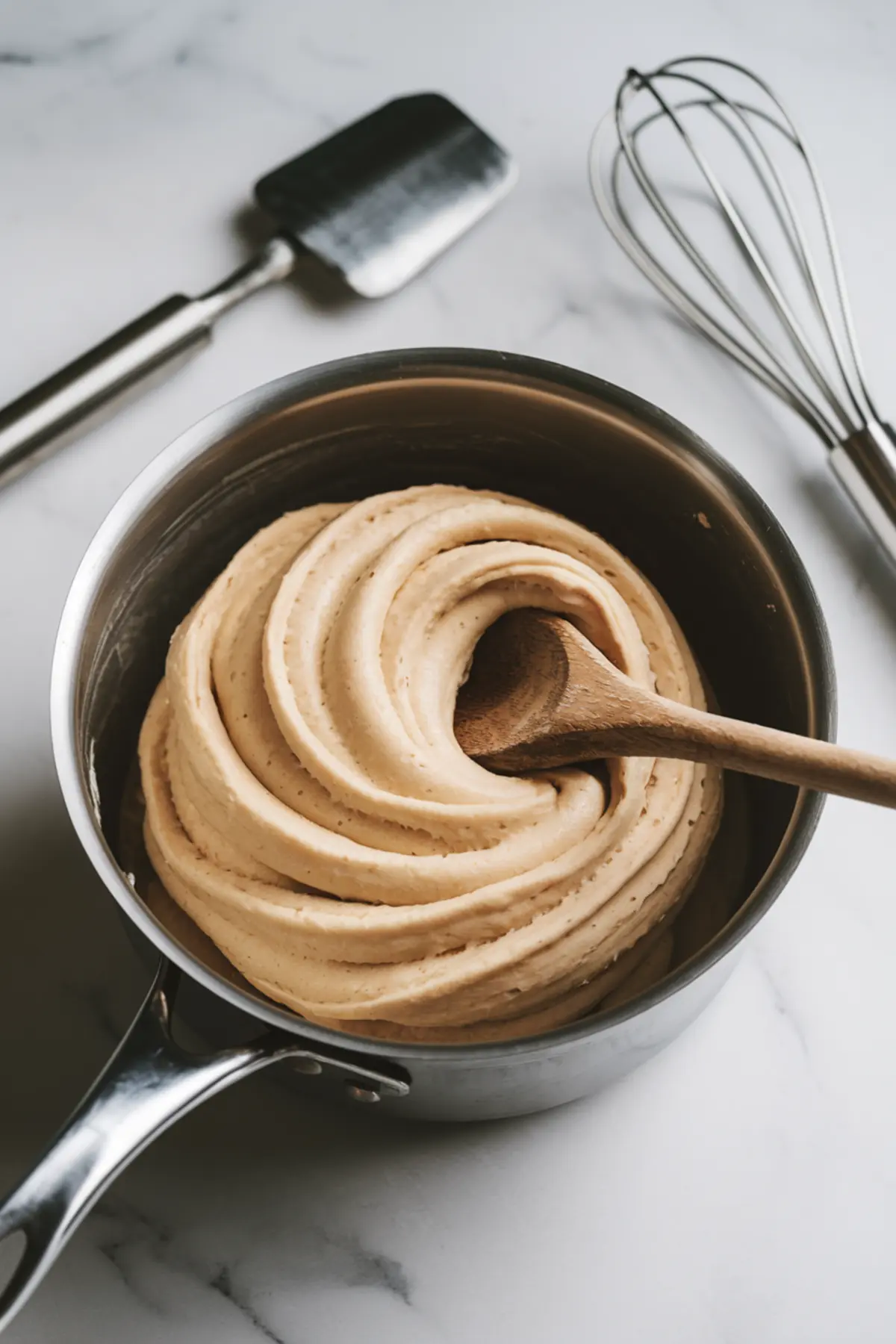 Thick pâte à choux dough being stirred in a stainless steel saucepan with a wooden spoon, surrounded by a metal whisk and spatula. The smooth texture and rich color emphasize the preparation stage of homemade cream puffs.
