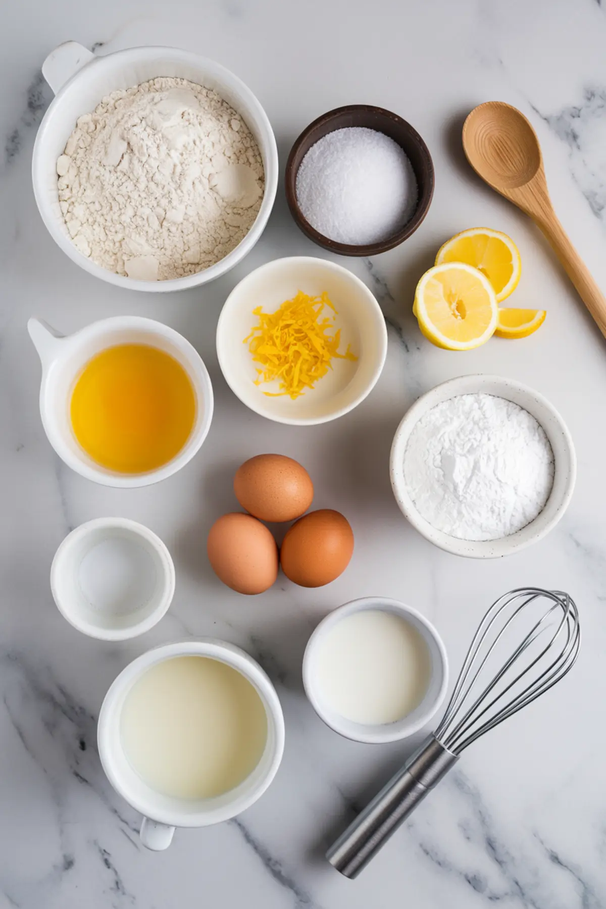 Flat lay of lemon cream puff ingredients on a marble surface, including flour, eggs, lemon zest, lemon slices, sugar, powdered sugar, butter, milk, and a metal whisk. Bright and clean food styling highlights the components for citrus pastry recipes.