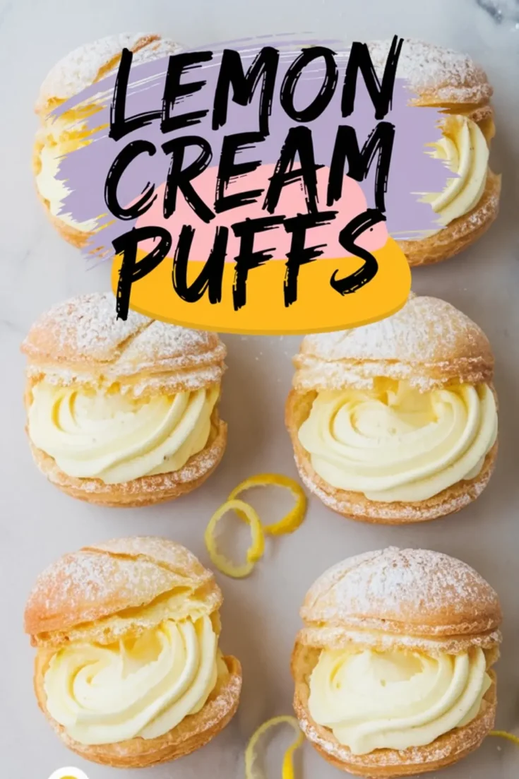 Six golden lemon cream puffs arranged on parchment with piped lemon filling and a light dusting of powdered sugar. Bright lemon zest curls add contrast to the crisp pastry shells, styled for a fresh, citrus-forward dessert visual.