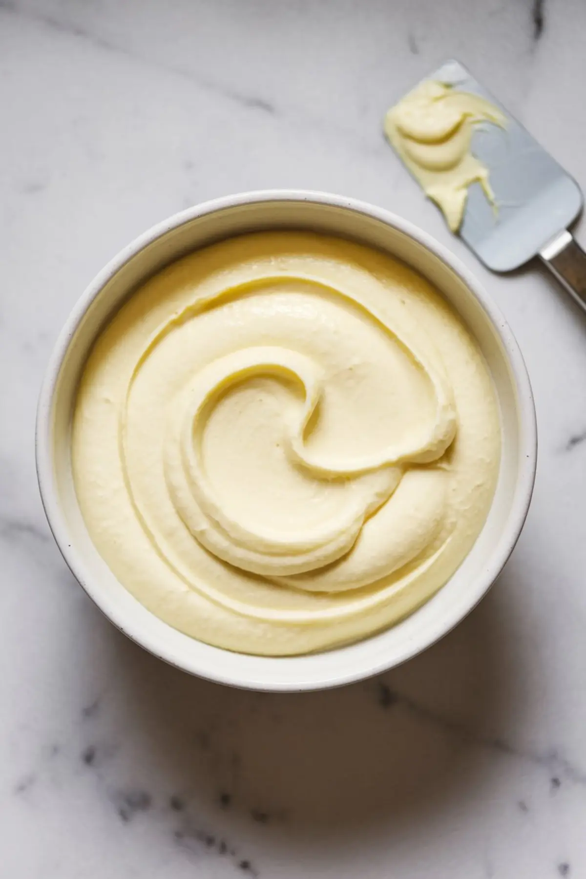 Bowl of smooth, whipped lemon pastry cream with a pale yellow hue, styled with a silicone spatula on white marble. The creamy texture and swirl pattern highlight the filling used for lemon desserts and baked goods.