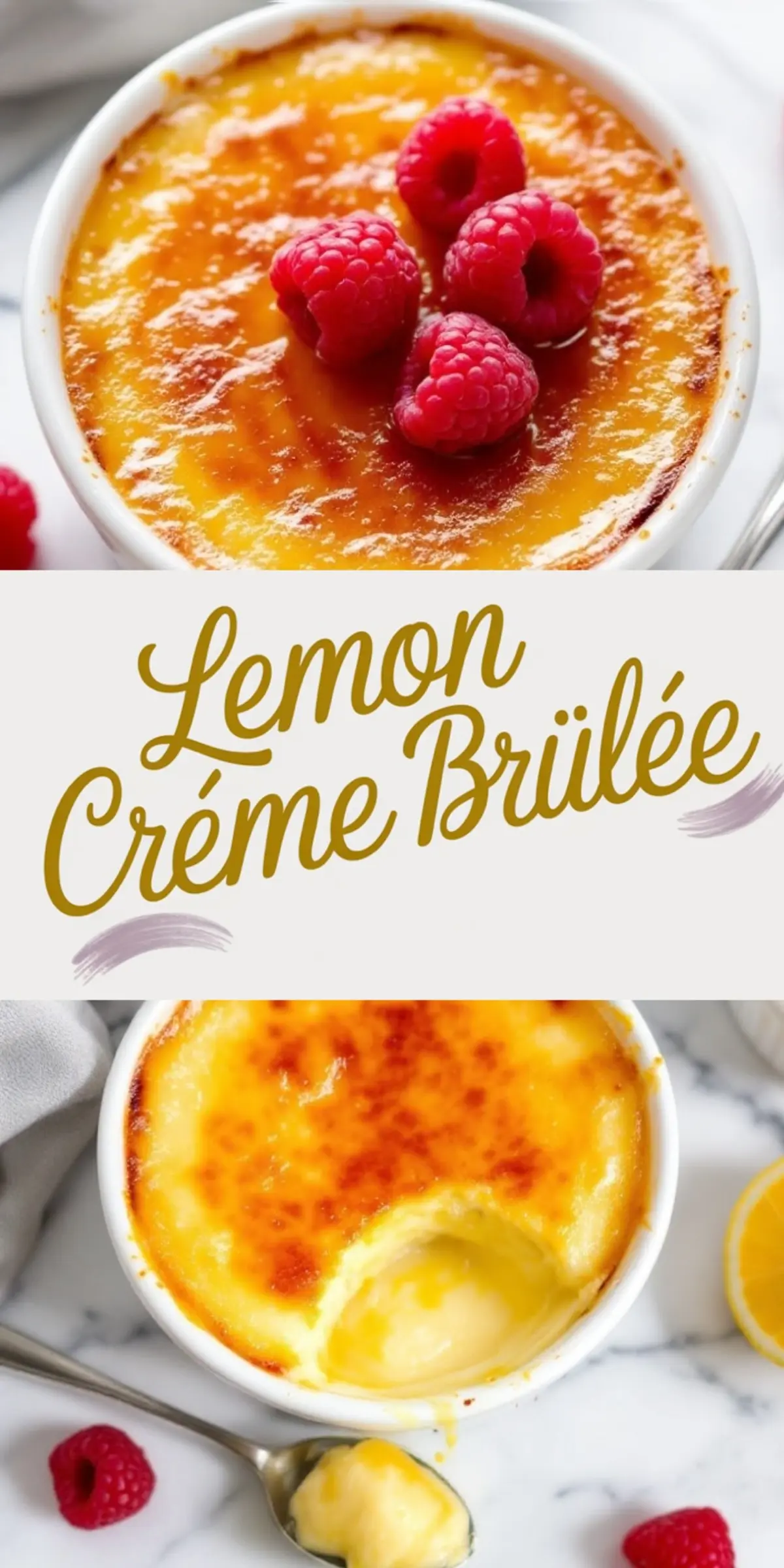 A lemon crème brûlée collage featuring a caramelized sugar crust topped with fresh raspberries and a creamy custard layer underneath, with text overlay “Lemon Crème Brûlée” in elegant lettering, perfect for dessert inspiration.