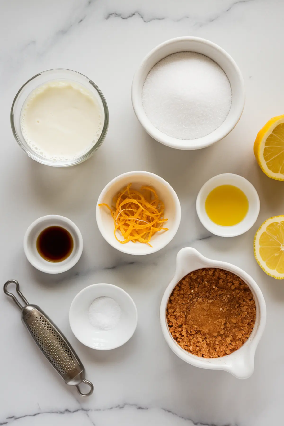 Flat lay of lemon crème brûlée ingredients on a marble background, including heavy cream, sugar, lemon zest, lemon juice, vanilla extract, salt, brown sugar, and a zester, showcasing a bright and fresh setup for baking.