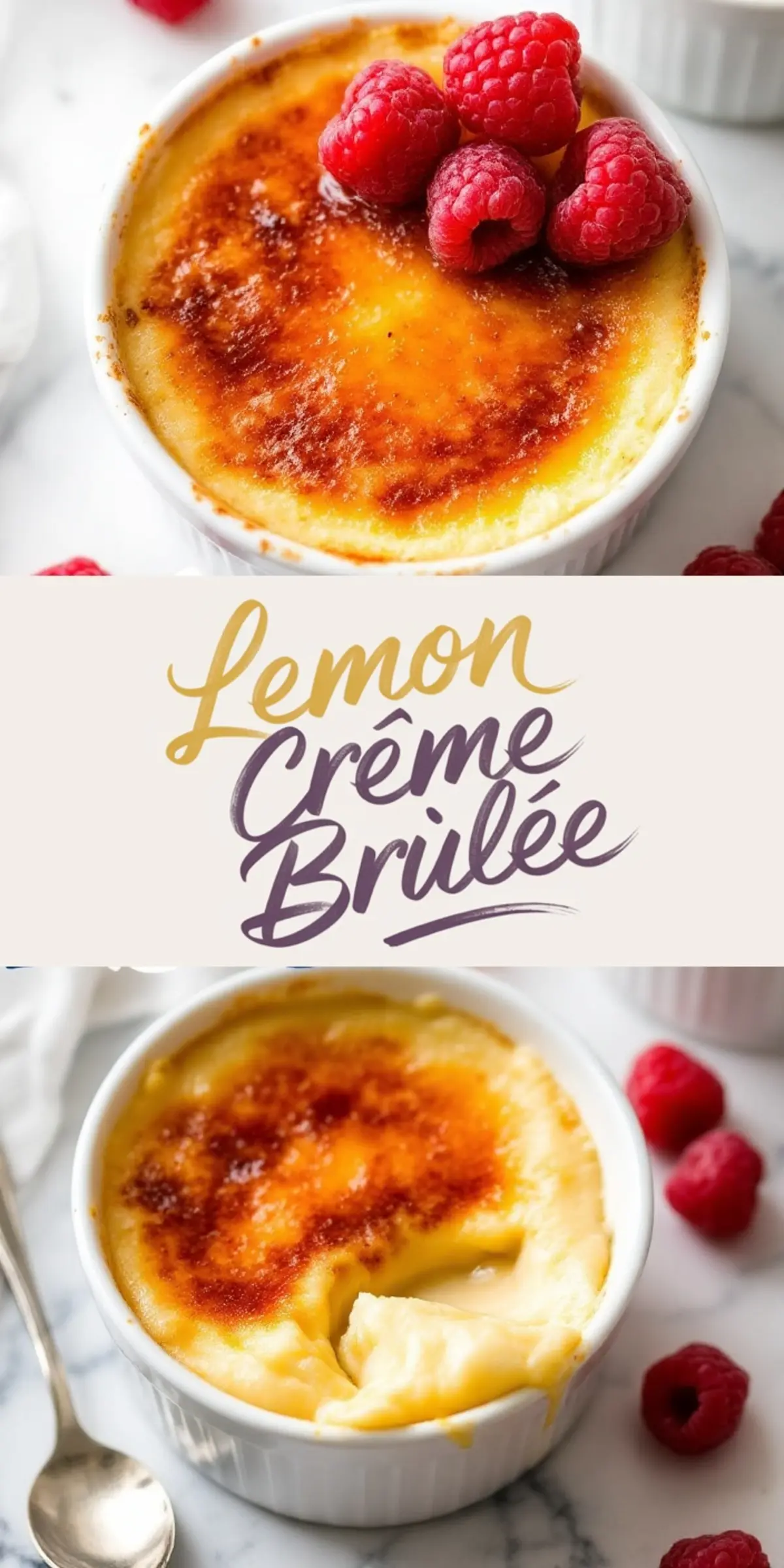 A lemon crème brûlée collage showing a golden caramelized sugar crust topped with raspberries and a spoonful revealing silky custard, with decorative text “Lemon Crème Brûlée” for an elegant dessert presentation.