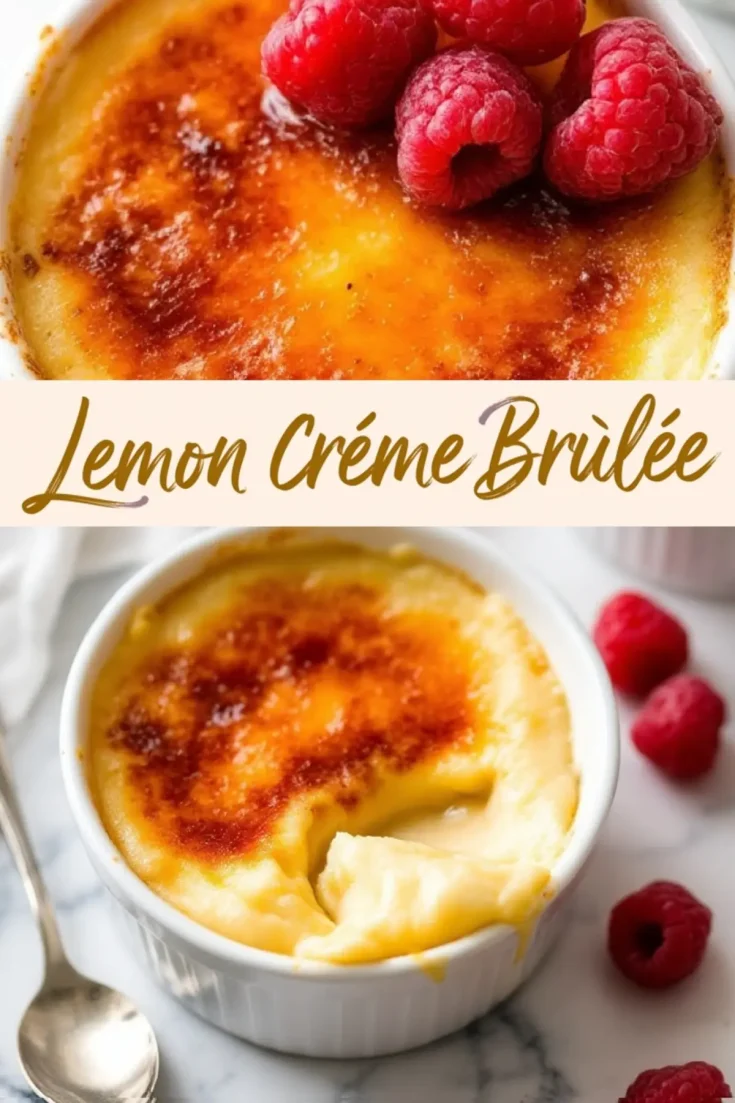 A lemon crème brûlée collage featuring a ramekin of creamy custard with a crisp caramelized top, garnished with raspberries and accompanied by “Lemon Crème Brûlée” text in stylish font for a fresh dessert idea.