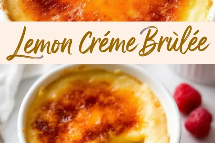 A lemon crème brûlée collage featuring a ramekin of creamy custard with a crisp caramelized top, garnished with raspberries and accompanied by “Lemon Crème Brûlée” text in stylish font for a fresh dessert idea.