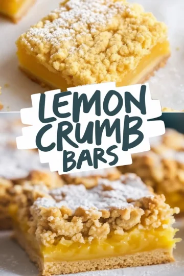 A collage of lemon crumb bars arranged on parchment paper. The bars have a golden crumble topping, a bright yellow lemon filling, and a shortbread base. Powdered sugar is lightly dusted on top. The text overlay says “LEMON CRUMB BARS” in a bold, hand-drawn style.