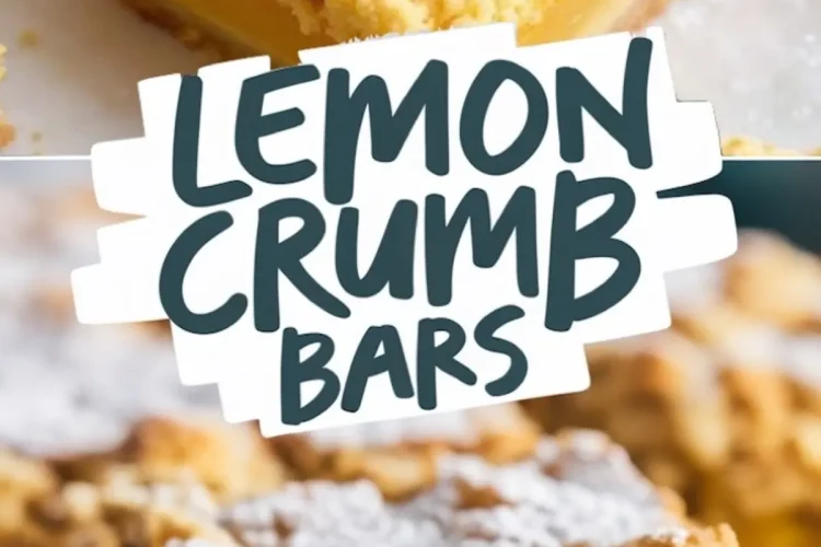 A collage of lemon crumb bars arranged on parchment paper. The bars have a golden crumble topping, a bright yellow lemon filling, and a shortbread base. Powdered sugar is lightly dusted on top. The text overlay says “LEMON CRUMB BARS” in a bold, hand-drawn style.