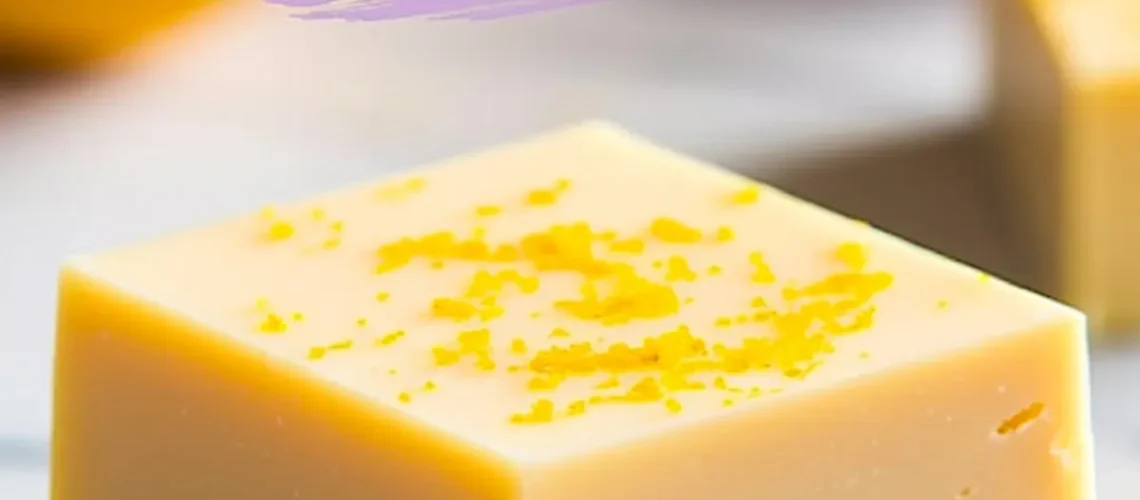 Two thick squares of creamy lemon fudge stacked on marble, topped with bright lemon zest, with a bold purple “LEMON FUDGE” text overlay above them on a lilac paint stroke background.