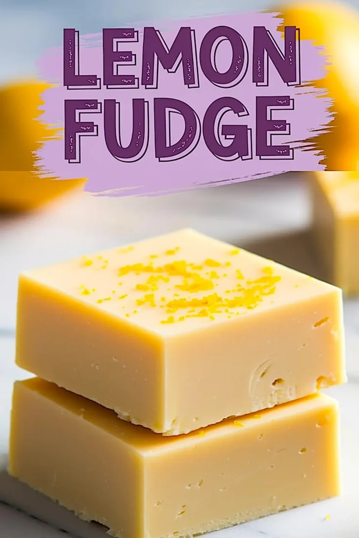 Two thick squares of creamy lemon fudge stacked on marble, topped with bright lemon zest, with a bold purple “LEMON FUDGE” text overlay above them on a lilac paint stroke background.
