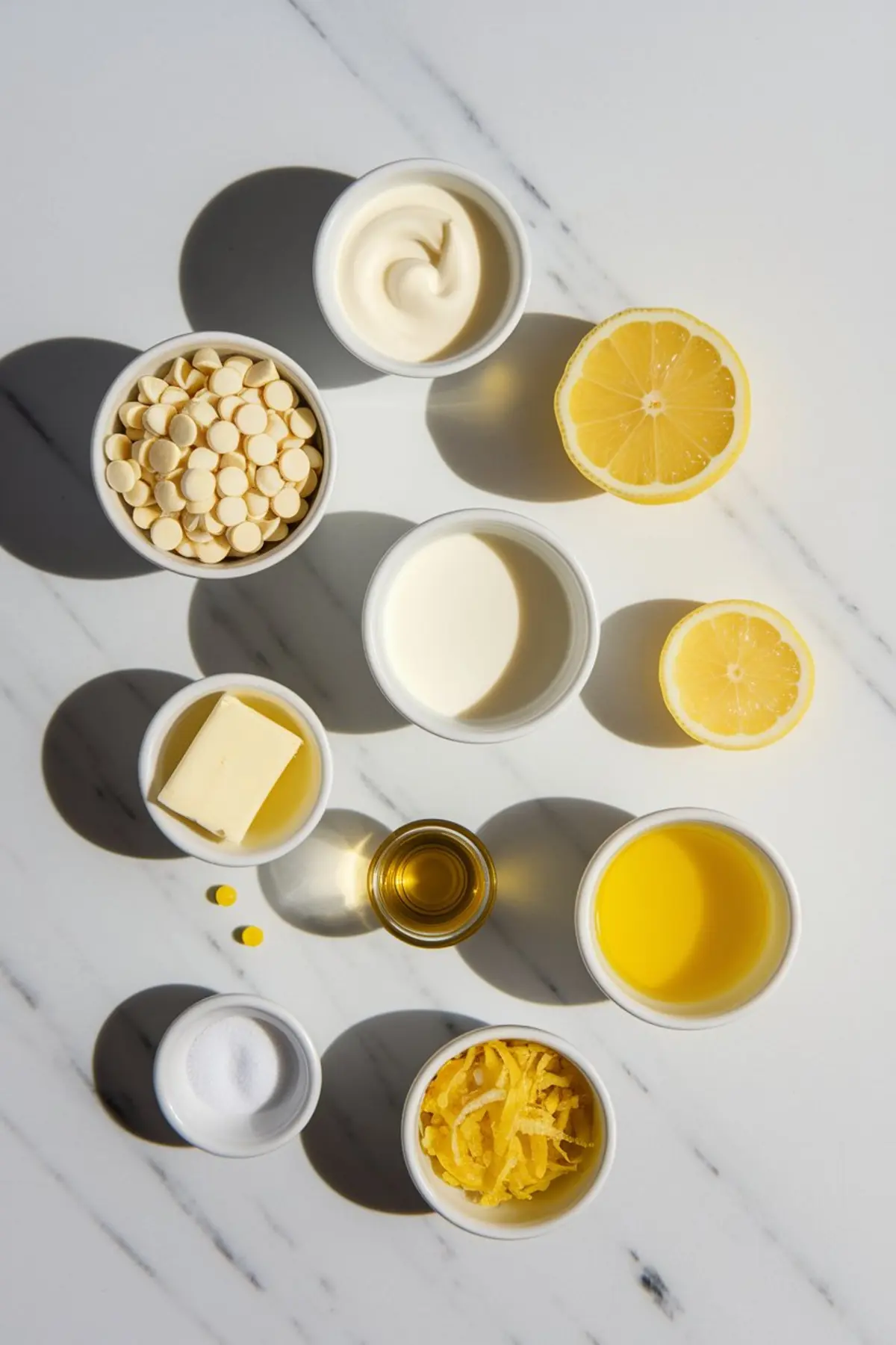 Flat lay of lemon fudge ingredients on a white marble surface, including white chocolate chips, lemon halves, lemon zest, cream, butter, sugar, lemon extract, yellow food coloring, and condensed milk, organized in small bowls for a bright and fresh dessert preparation scene.