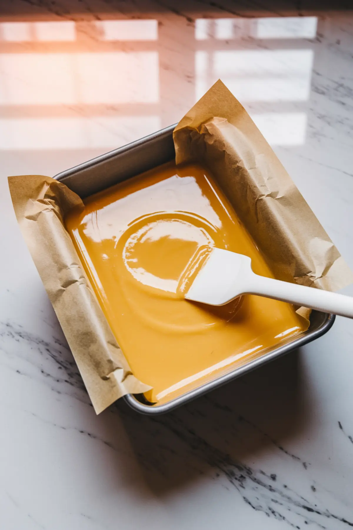 Metal baking pan lined with parchment paper filled with smooth lemon fudge mixture, being spread evenly with a white spatula on a marble countertop, ready to set.