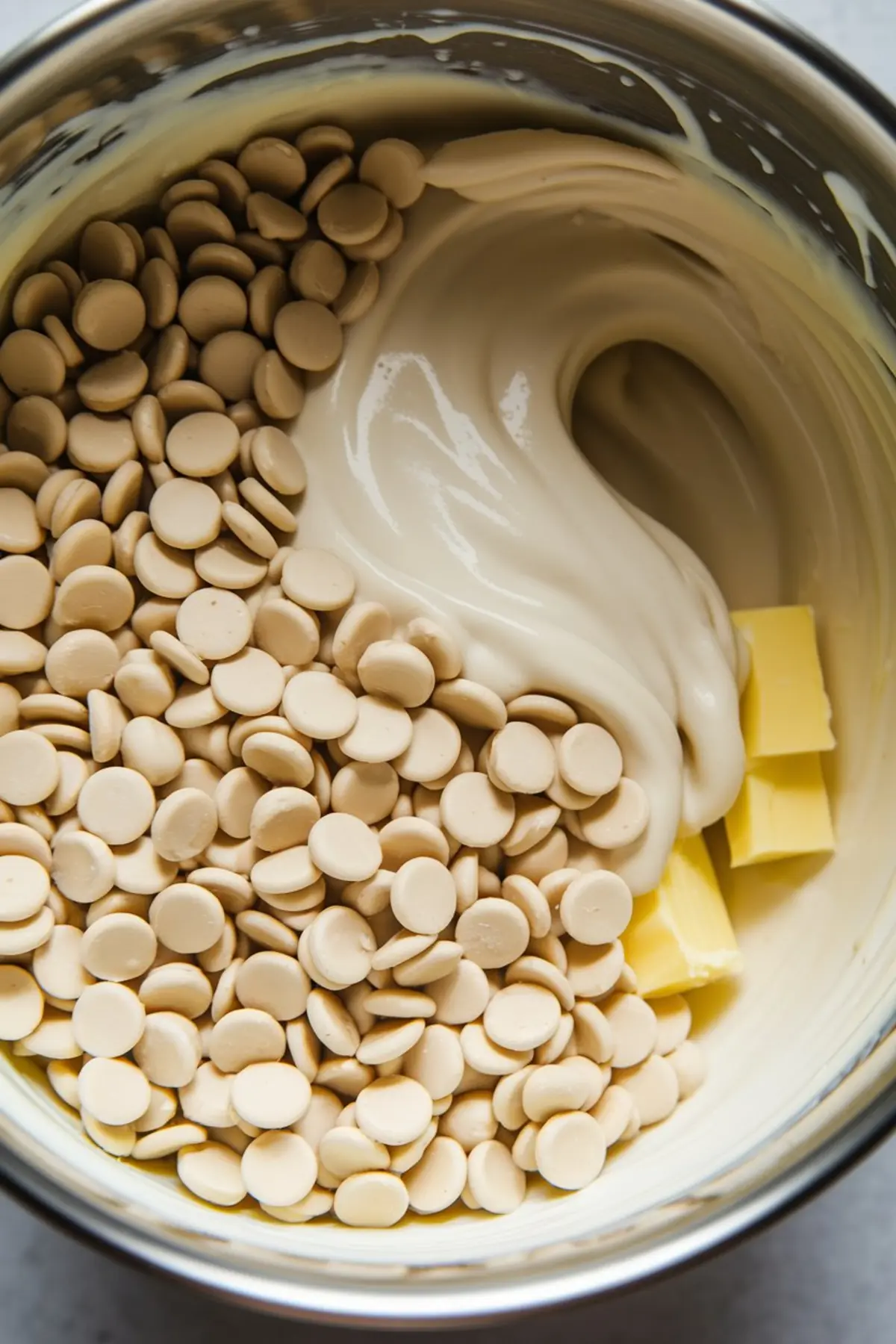 Overhead shot of white chocolate chips, sweetened condensed milk, and chunks of butter in a metal bowl, showing the initial stage of melting ingredients for making lemon fudge.
