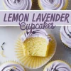 Collage of lemon lavender cupcakes with piped lavender frosting and garnishes of lemon zest and dried lavender, centered text label “Lemon Lavender Cupcakes” above a close-up of a moist, bitten cupcake.