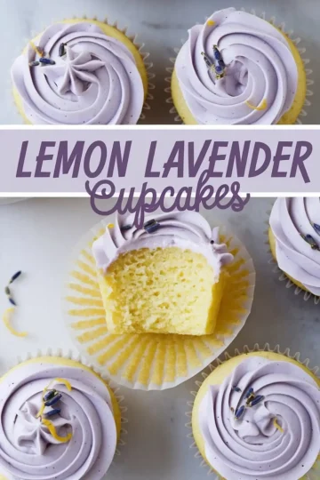 Collage of lemon lavender cupcakes with piped lavender frosting and garnishes of lemon zest and dried lavender, centered text label “Lemon Lavender Cupcakes” above a close-up of a moist, bitten cupcake.