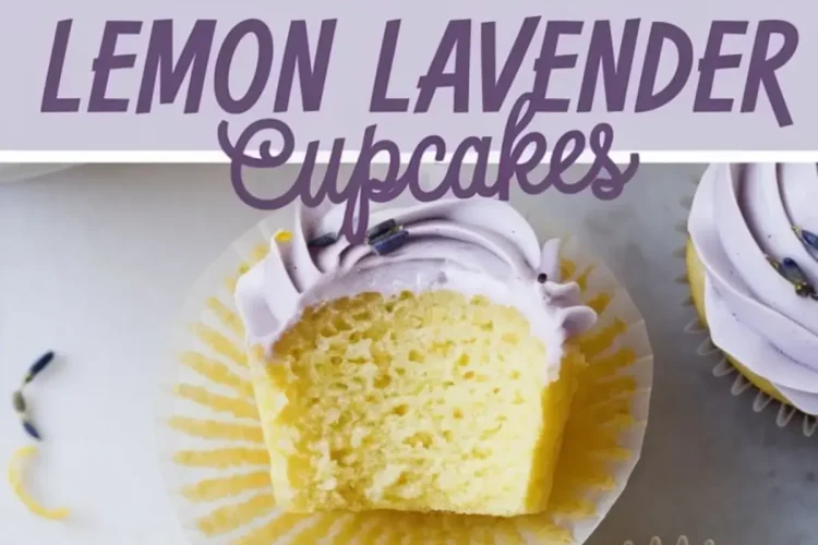 Collage of lemon lavender cupcakes with piped lavender frosting and garnishes of lemon zest and dried lavender, centered text label “Lemon Lavender Cupcakes” above a close-up of a moist, bitten cupcake.