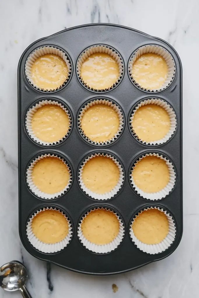 Raw lemon cupcake batter portioned into white paper liners in a 12-cup muffin pan, ready for baking, placed on a white marble countertop with a metal scoop on the side.