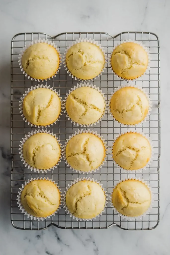 Freshly baked plain cupcakes cooling on a wire rack, golden brown tops with slight cracks, arranged neatly in white paper liners on a marble background.