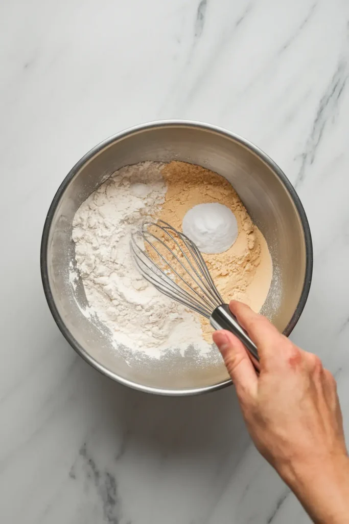 Hand whisking dry ingredients including flour, baking powder, and cornmeal in a large stainless steel mixing bowl on a white marble surface.