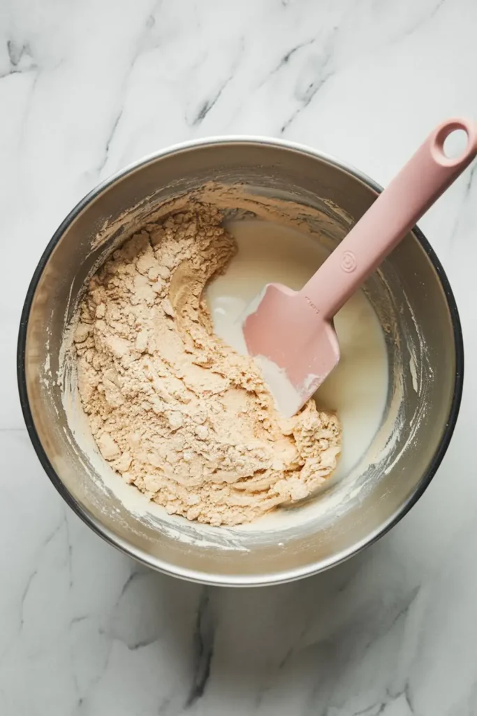 Cupcake batter in the process of being mixed, with a pink spatula blending dry and wet ingredients in a metal mixing bowl.