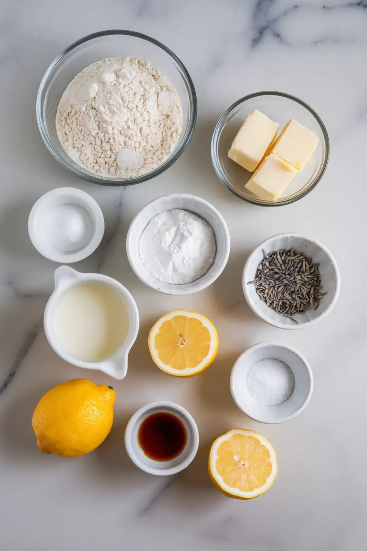 Flat lay of measured lemon lavender cupcake ingredients on a marble background, featuring flour, butter, sugar, baking powder, milk, lavender buds, lemon halves, vanilla extract, and salt in small bowls.