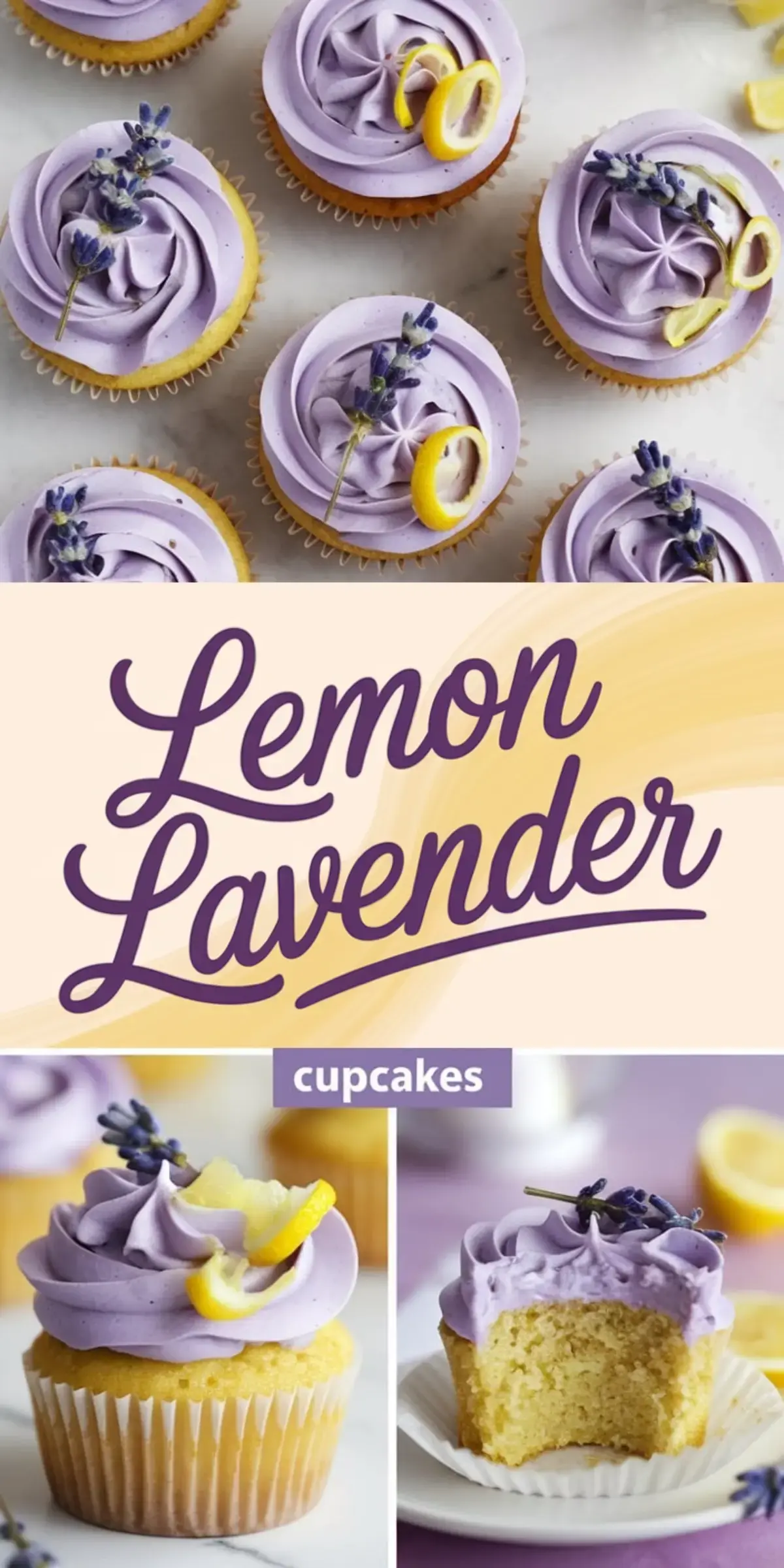 Collage of lemon lavender cupcakes decorated with lavender frosting swirls, lemon curls, and lavender sprigs, including close-up shots and a bitten cupcake, with large hand-lettered “Lemon Lavender” title across the center.