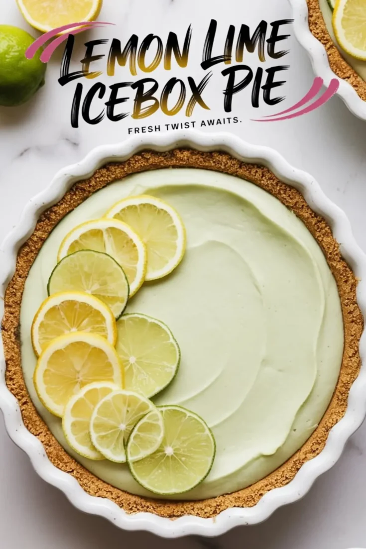 A lemon lime icebox pie in a white ceramic dish with a golden graham cracker crust and smooth, pale green filling. Slices of fresh lemon and lime are arranged on top. Bold typography at the top reads “Lemon Lime Icebox Pie” with a decorative pink swoosh. The background is a marble countertop with whole citrus fruits nearby.