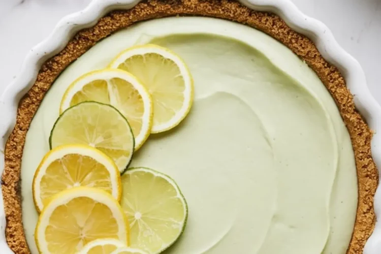 A lemon lime icebox pie in a white ceramic dish with a golden graham cracker crust and smooth, pale green filling. Slices of fresh lemon and lime are arranged on top. Bold typography at the top reads “Lemon Lime Icebox Pie” with a decorative pink swoosh. The background is a marble countertop with whole citrus fruits nearby.