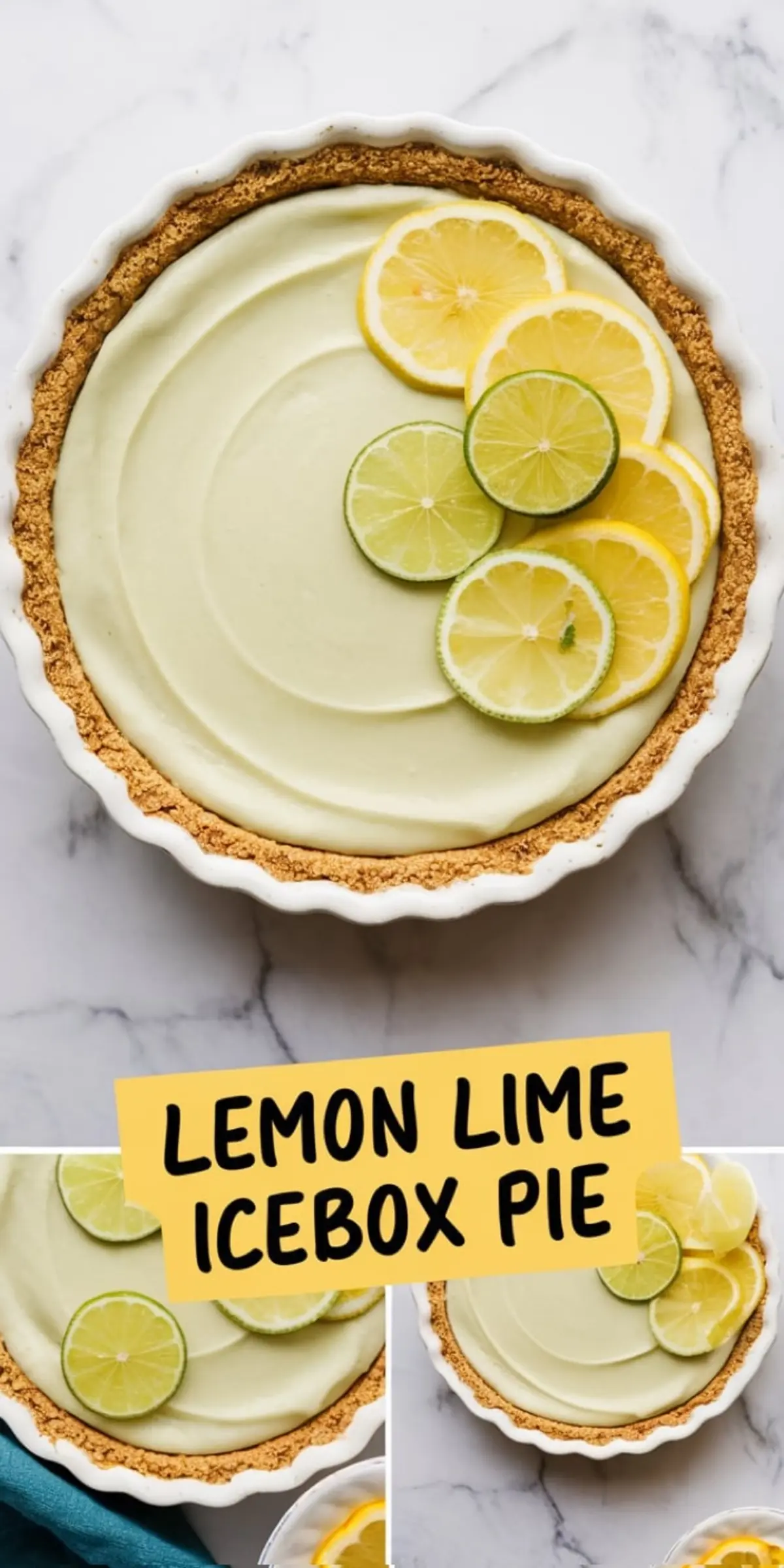 A collage-style image of a lemon lime icebox pie with text overlay on a yellow background reading “Lemon Lime Icebox Pie.” The main image shows the full pie with lemon and lime slices on top, and two smaller images focus on close-up details of the dessert.