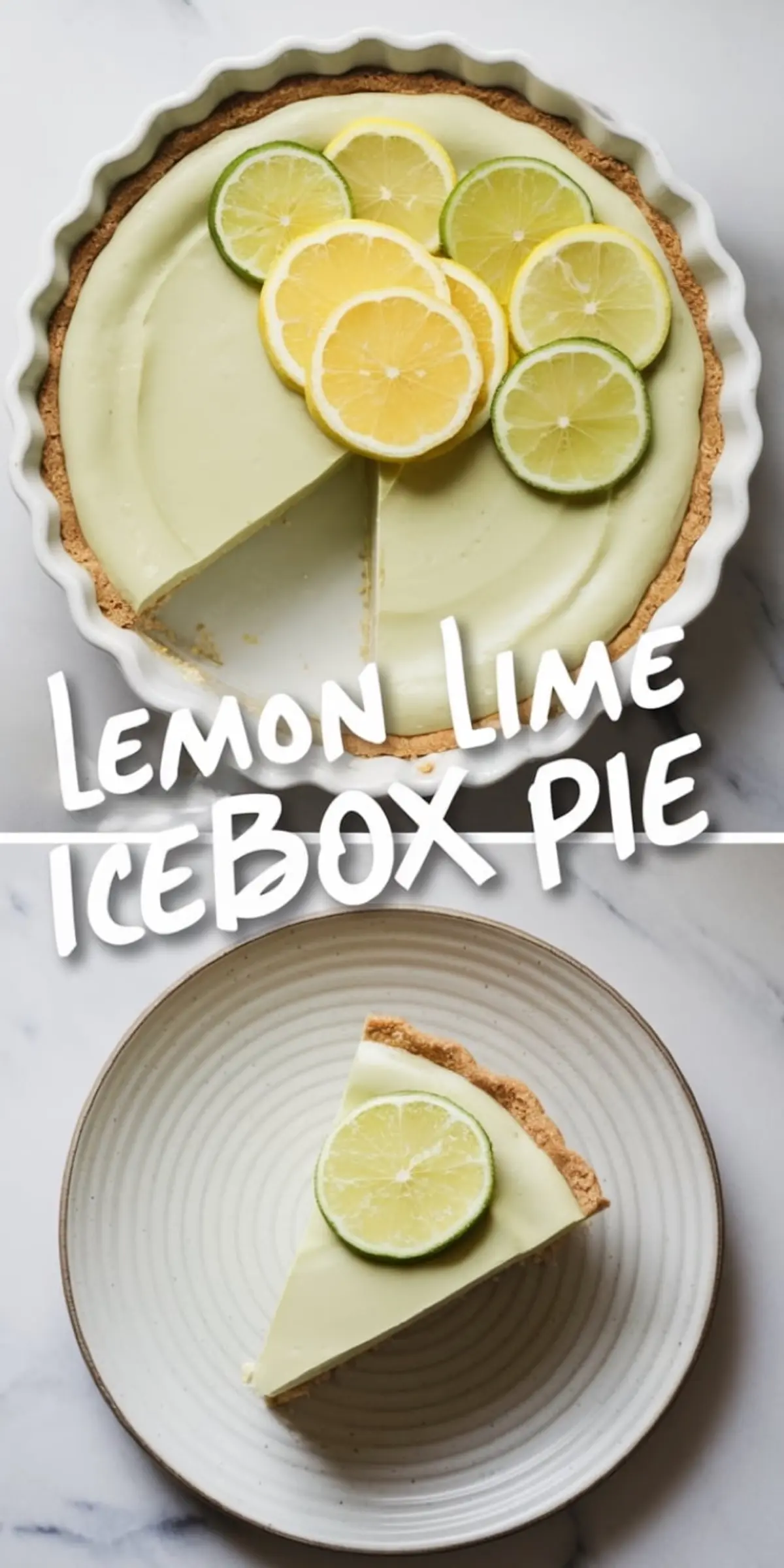 A two-part image showing a lemon lime icebox pie with a slice removed, revealing the creamy filling and crisp crust. The bottom section features a single slice on a white plate with a ridged texture, garnished with a fresh lime slice. White hand-drawn text reading “Lemon Lime Icebox Pie” overlays the image.