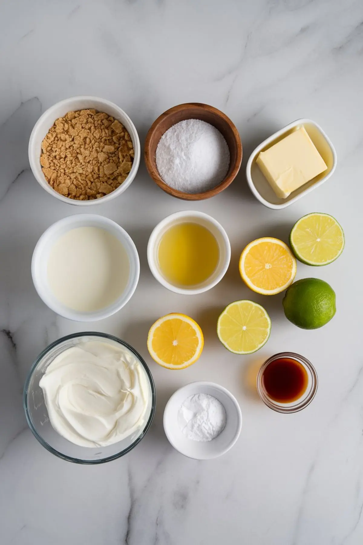 A flat lay of lemon lime icebox pie ingredients arranged on a white marble surface. Small bowls hold graham cracker crumbs, sugar, butter, cream, lemon juice, lime juice, vanilla extract, and baking powder. Fresh lemon and lime halves add vibrant color.