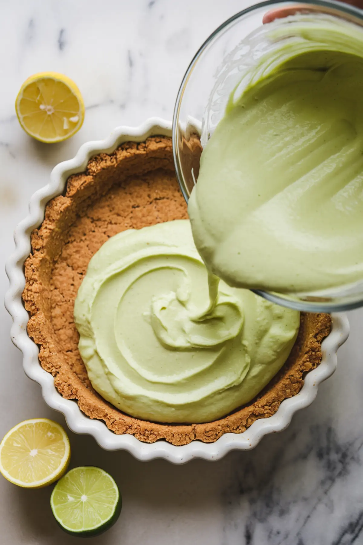 A glass bowl pouring a pale green creamy filling into a graham cracker crust in a white ceramic pie dish. The filling swirls as it spreads evenly. Fresh lemon and lime halves are on the marble countertop in the background.