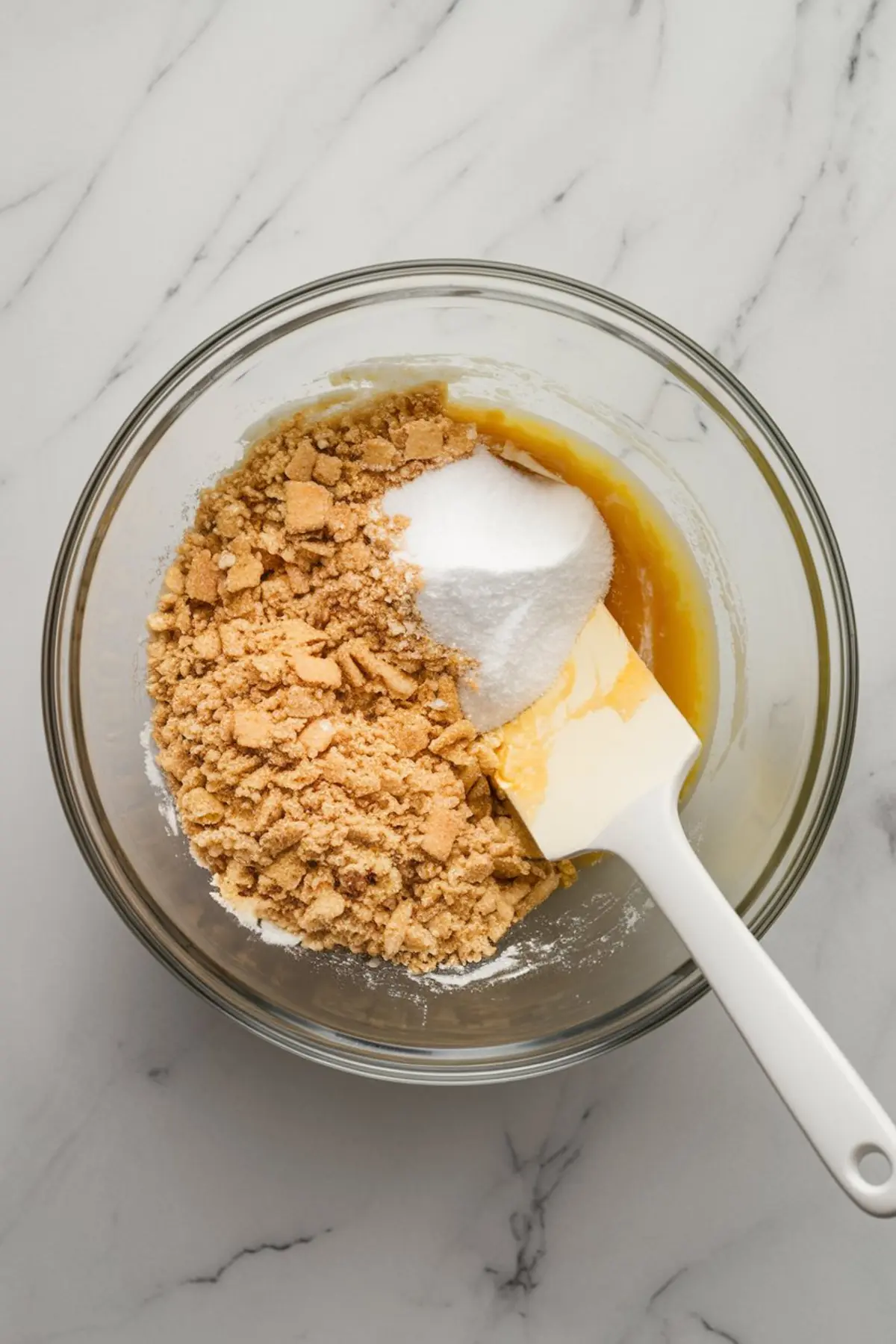 A mixing bowl with graham cracker crumbs, sugar, and melted butter being stirred with a white spatula. The ingredients are partially mixed, showing different textures on a marble countertop.