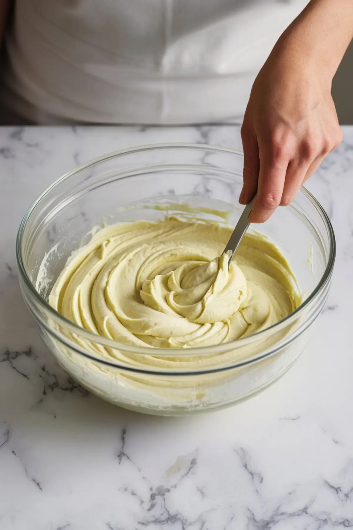 Emma stirring a thick, creamy mixture in a glass mixing bowl with a spatula. The filling has a pale yellow hue, and the marble countertop provides a clean, neutral background. Emma’s hand is visible, showing the motion of mixing.