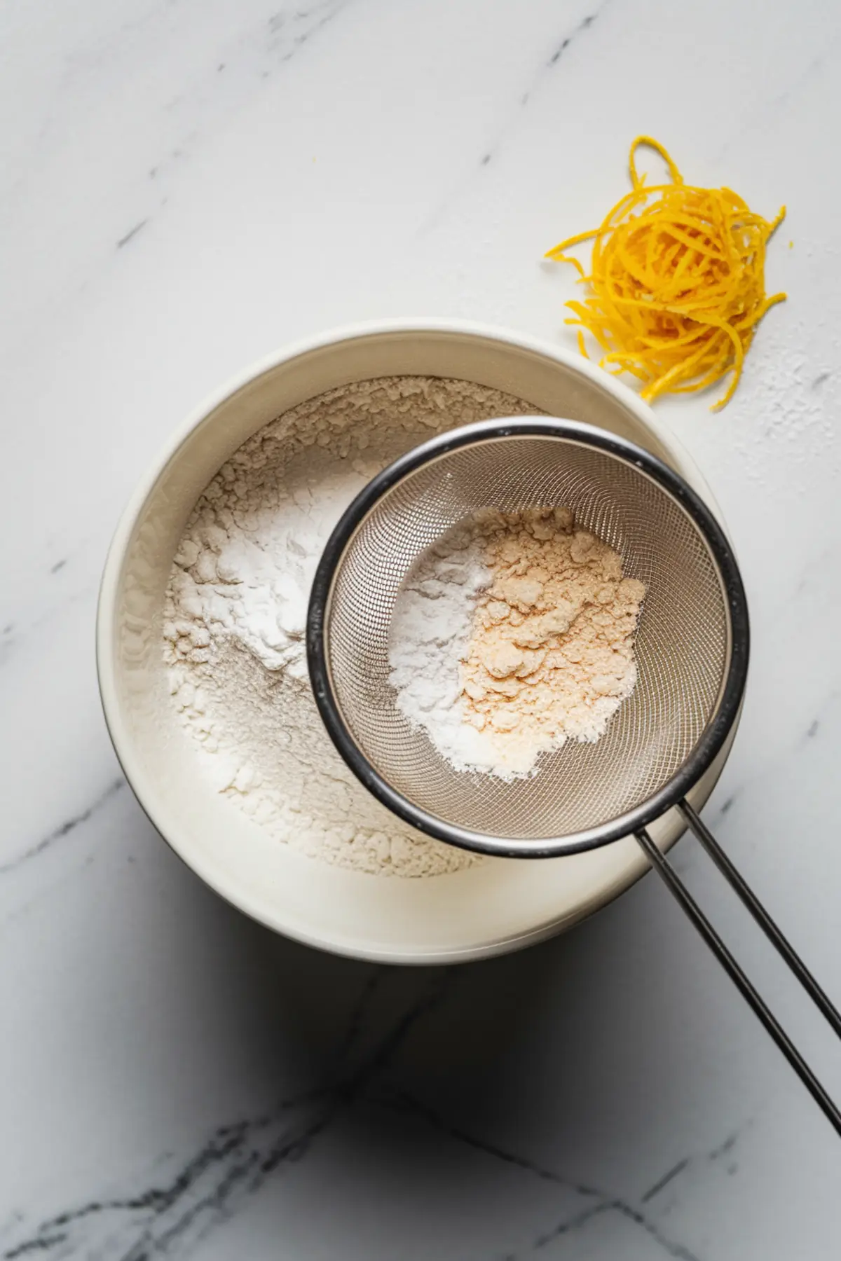 A flat lay of a white ceramic bowl filled with sifted dry ingredients for lemon macarons. A fine mesh strainer with some flour rests on the bowl, and a small pile of fresh lemon zest is on the marble countertop beside it.
