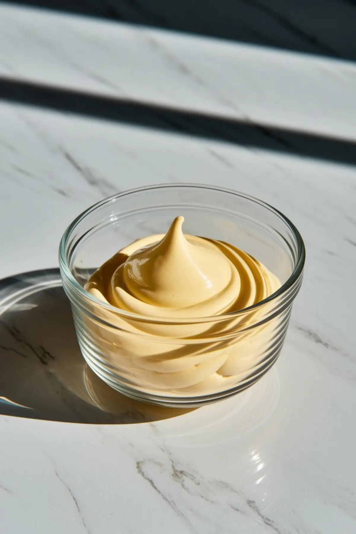 A small glass bowl filled with glossy, pale yellow lemon buttercream on a white marble surface. The smooth frosting has a soft peak in the center, and natural light casts a shadow from the bowl.
