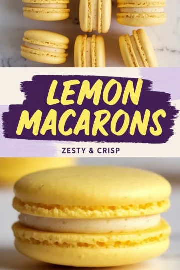 A collage of lemon macarons with the top section showing several stacked macarons and the bottom focusing on a close-up of a single macaron with creamy filling. A purple and yellow brushstroke banner in the middle reads “LEMON MACARONS” with “ZESTY & CRISP” written below.