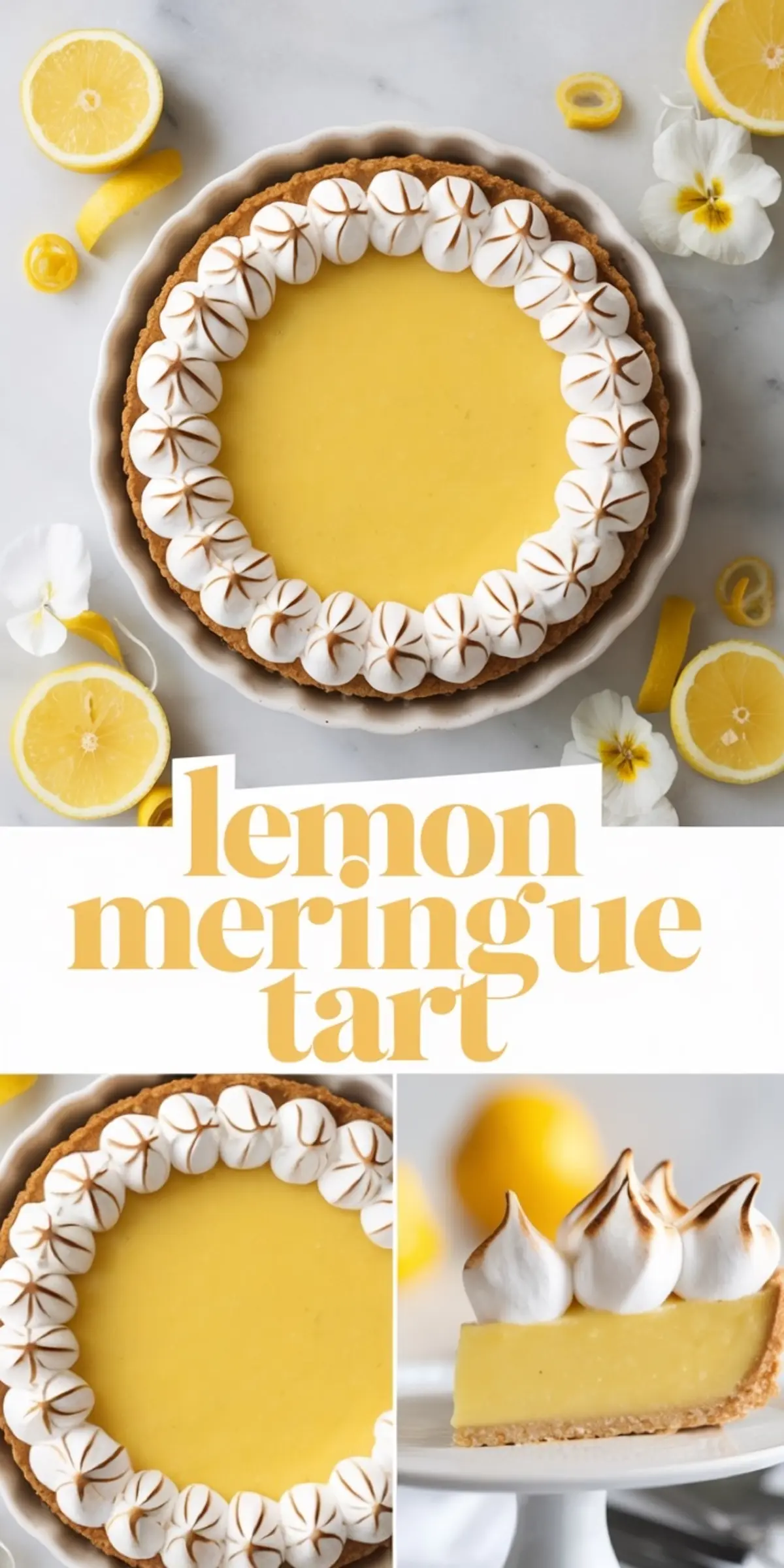 Collage of a lemon meringue tart topped with toasted meringue peaks, surrounded by sliced lemons and edible flowers, featuring a whole tart, angled view, and single slice showing creamy lemon curd and golden crust.
