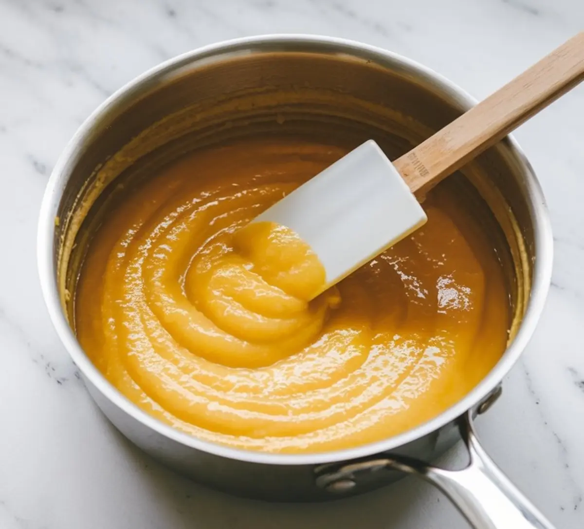 Freshly cooked lemon curd swirled in a stainless steel saucepan with a silicone spatula, showing smooth, glossy texture and vibrant yellow color.
