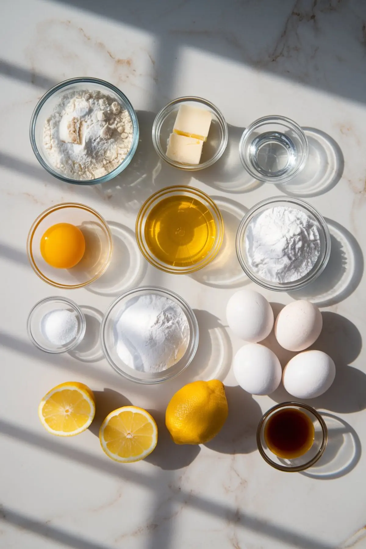 Flat lay of lemon meringue tart ingredients including flour, butter, sugar, eggs, lemon halves, lemon juice, vanilla extract, salt, and cornstarch in glass bowls on a light surface.
