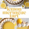 Collage with a lemon meringue tart styled with toasted meringue, fresh lemon slices, and white flowers, showing a full tart, zoomed-in edge view, and a close-up of a single tart slice with smooth lemon filling and piped meringue peaks.