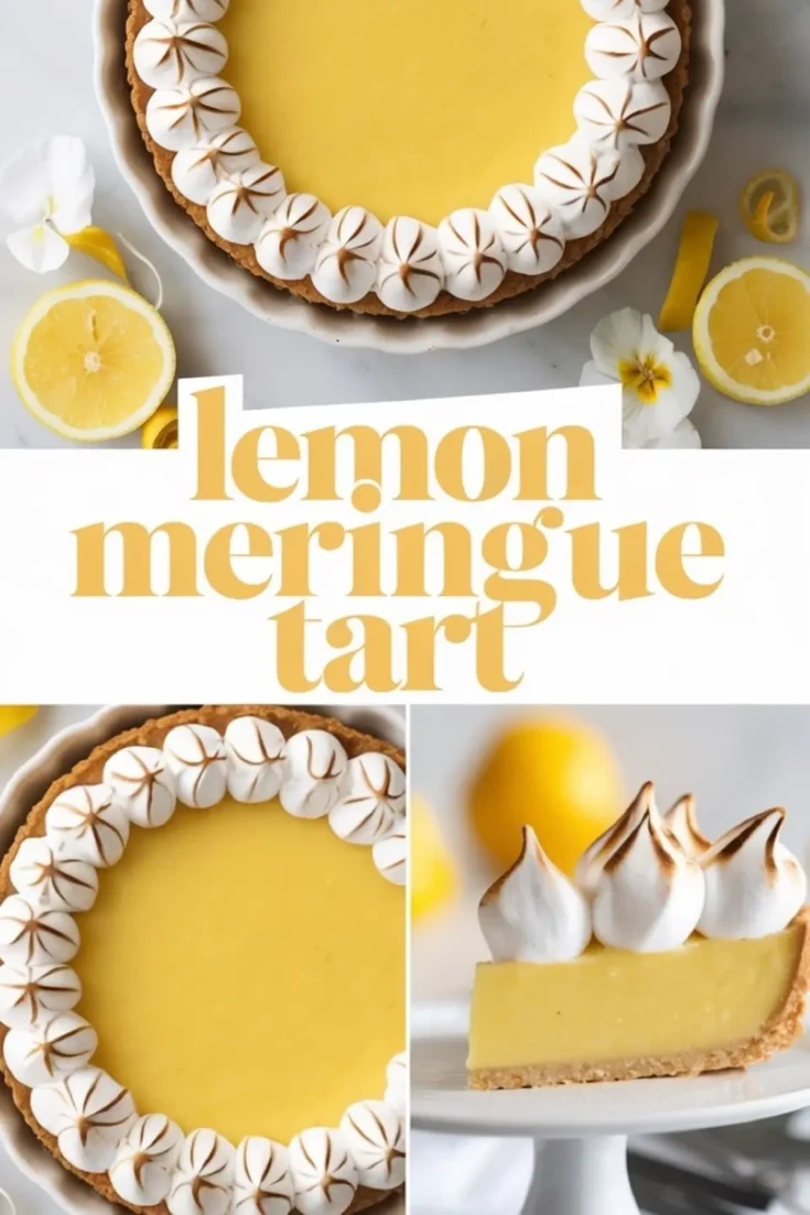 Collage with a lemon meringue tart styled with toasted meringue, fresh lemon slices, and white flowers, showing a full tart, zoomed-in edge view, and a close-up of a single tart slice with smooth lemon filling and piped meringue peaks.