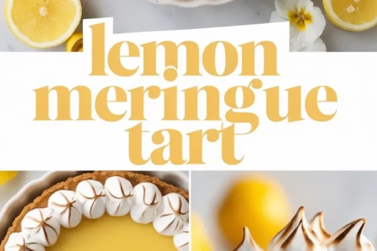 Collage with a lemon meringue tart styled with toasted meringue, fresh lemon slices, and white flowers, showing a full tart, zoomed-in edge view, and a close-up of a single tart slice with smooth lemon filling and piped meringue peaks.