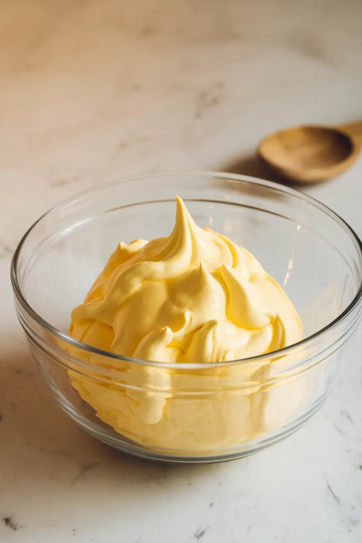 Glass bowl filled with fluffy, whipped lemon meringue mixture with stiff peaks, sitting on a light marble surface with a wooden spoon in the background.