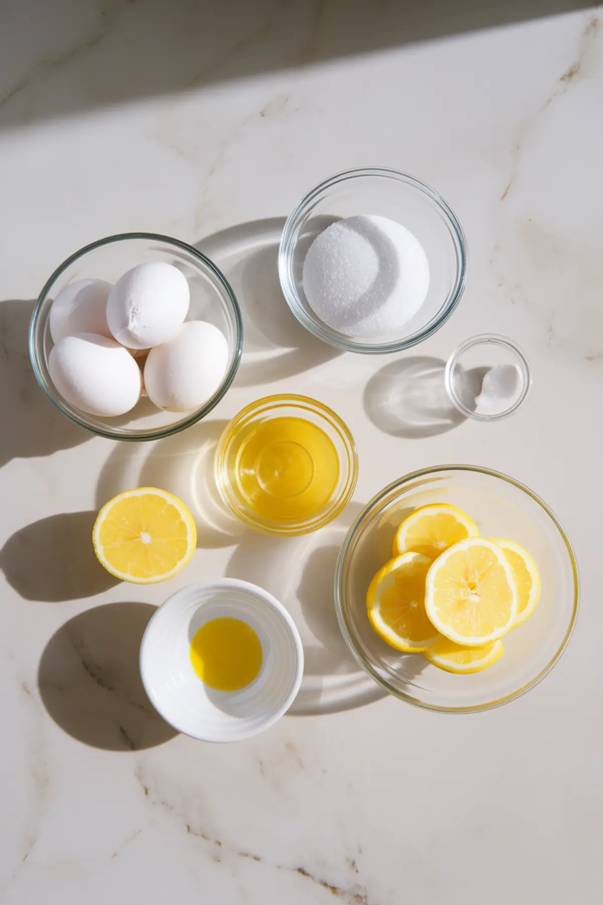 Overhead shot of lemon meringue ingredients including whole eggs, sugar, lemon juice, lemon slices, and oil, each portioned into small glass and ceramic bowls on a marble countertop.