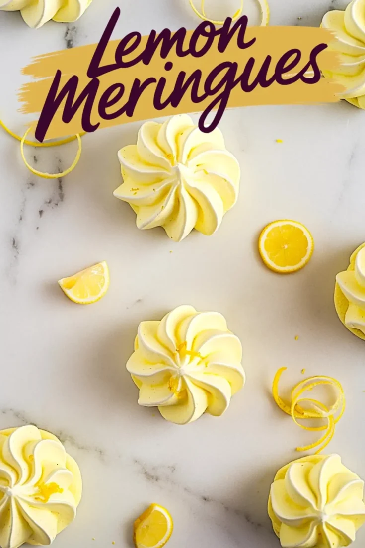 Overhead view of lemon meringue cookies swirled with yellow and white, surrounded by lemon zest curls and lemon slices, with “Lemon Meringues” text in bold purple over a yellow brushstroke banner.