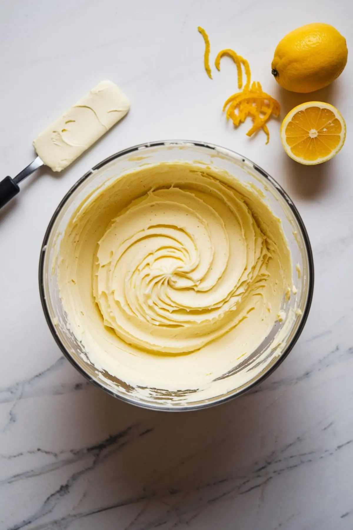 Overhead view of a bowl of whipped lemon buttercream frosting with a spatula resting on the side. Fresh lemon zest curls and a halved lemon sit beside the bowl on a marble countertop.