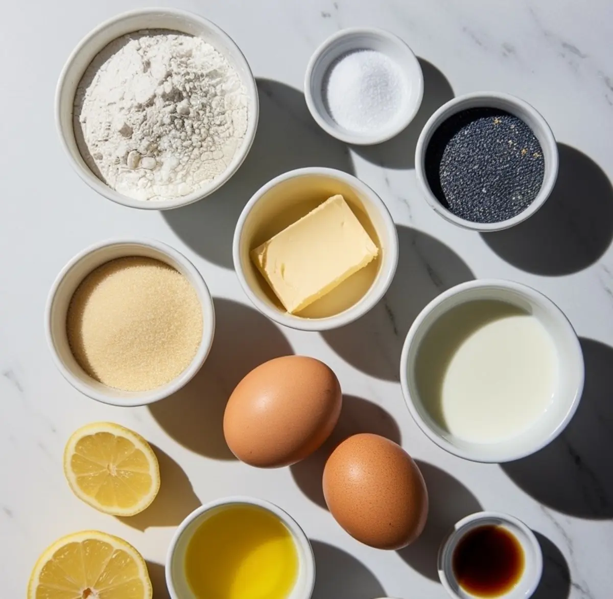 Overhead shot of baking ingredients in small bowls on a marble countertop, including flour, sugar, butter, eggs, milk, poppy seeds, vanilla extract, and fresh lemon halves.