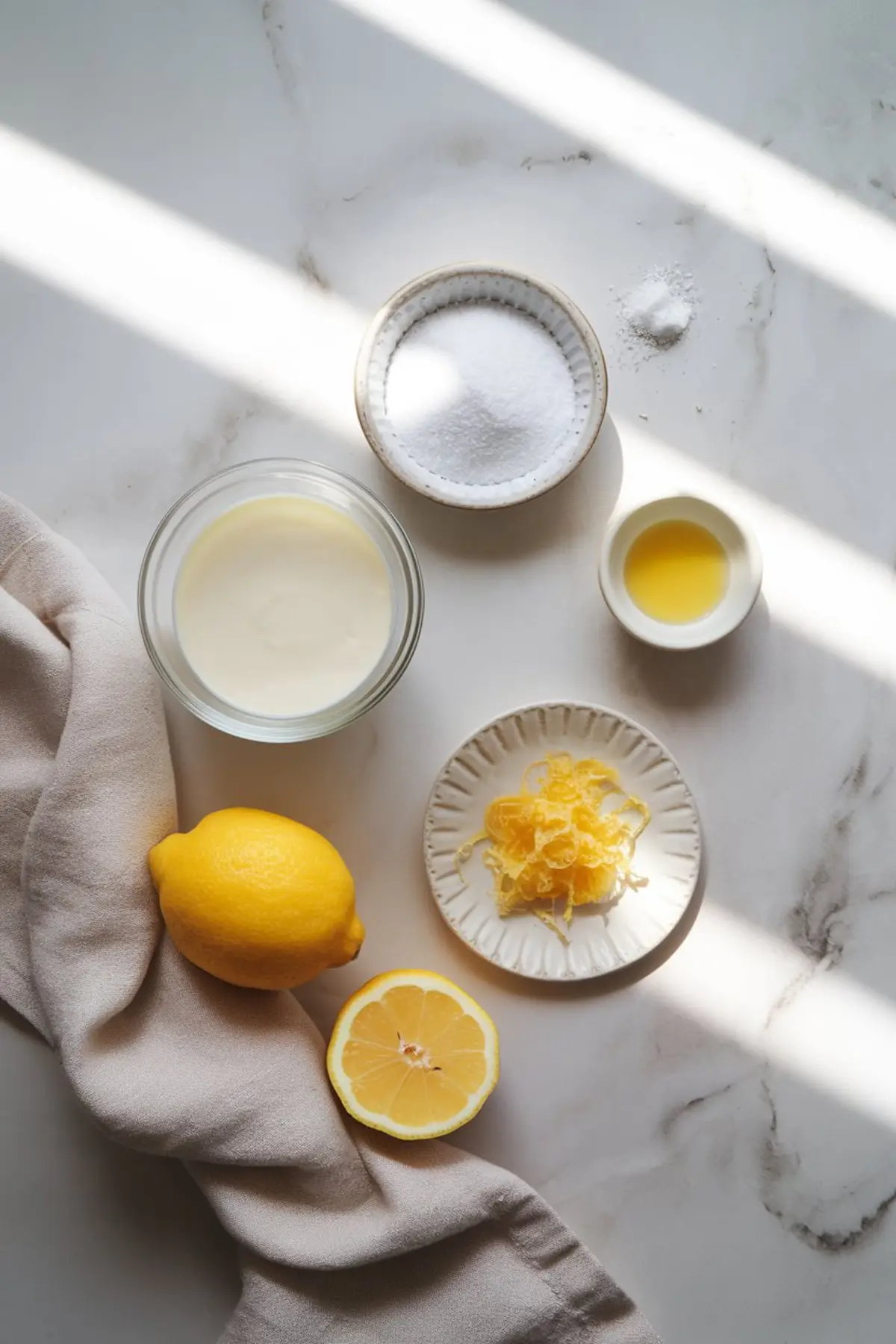 Flat lay of lemon posset ingredients on a white marble surface, including granulated sugar, heavy cream, lemon juice, lemon zest, and a whole and halved lemon, styled with a soft beige kitchen towel.
