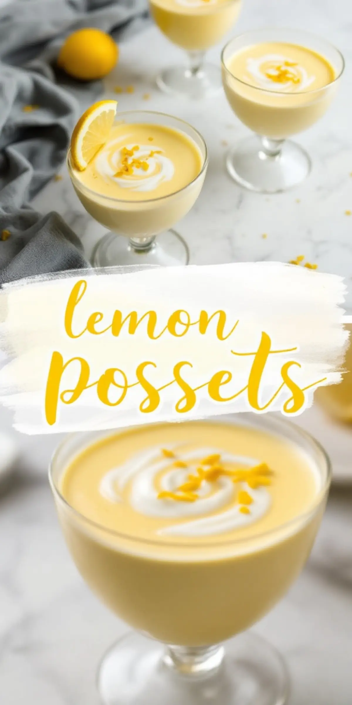 Four glass dessert cups filled with lemon posset topped with whipped cream swirls and lemon zest, styled with a grey linen and whole lemons, with text overlay reading “lemon possets.”